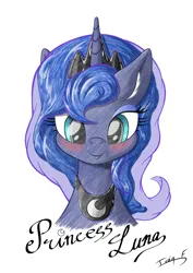 Size: 4961x7016 | Tagged: safe, artist:memprices, derpibooru import, princess luna, alicorn, blushing, bust, crown, ear fluff, ethereal mane, fanart, high res, image, jewelry, looking at you, pencil drawing, peytral, png, portrait, regalia, simple background, smiling, smiling at you, traditional art, white background