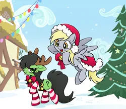 Size: 948x816 | Tagged: safe, artist:muffinz, derpibooru import, derpy hooves, oc, oc:anonfilly, earth pony, pegasus, pony, animal costume, antlers, bells, christmas, clothes, commission, costume, female, filly, hat, hearth's warming eve, holiday, house, image, png, reindeer costume, santa hat, snow, socks, striped socks, tree
