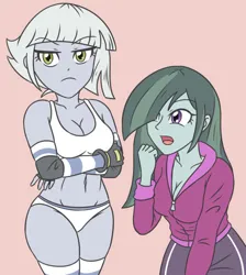 Size: 540x602 | Tagged: safe, artist:sumin6301, derpibooru import, limestone pie, marble pie, human, equestria girls, arm under breasts, arms, bra, breasts, busty limestone pie, busty marble pie, cleavage, clothes, crossed arms, cute, duo, duo female, elbow pads, eyebrows, eyebrows visible through hair, female, frown, high res, humanized, image, jacket, jpeg, legs together, marblebetes, open mouth, panties, pants, pink background, siblings, simple background, sisters, socks, striped socks, stupid sexy limestone pie, thighs, tongue inside mouth, underwear, white bra, white panties