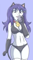 Size: 2312x4096 | Tagged: suggestive, artist:sumin6301, derpibooru import, rarity, human, equestria girls, bell, bell collar, belly button, black bra, black panties, black underwear, bra, breasts, busty rarity, cat ears, cleavage, clothes, collar, cup, drink, drinking, eyebrows, eyebrows visible through hair, fangs, high res, image, jpeg, lipstick, looking at you, panties, purple background, shoulders, simple background, socks, stupid sexy rarity, underwear