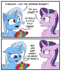Size: 2000x2337 | Tagged: safe, artist:chopsticks, derpibooru import, starlight glimmer, trixie, ponified, pony, unicorn, 2 panel comic, avenue q, bouquet, cheek fluff, chest fluff, comic, dialogue, duo, duo female, ear fluff, female, floppy ears, flower, image, png, starlight glimmer is not amused, text, unamused