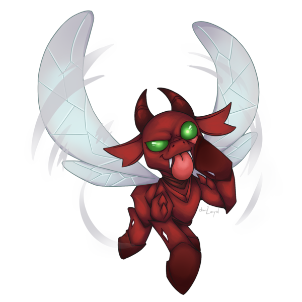 Size: 2000x2000 | Tagged: safe, artist:dimleyd, derpibooru import, changeling, original species, flying, horn, image, multiple horns, png, rageling, red changeling, solo, spread wings, taunting, tongue out, wings