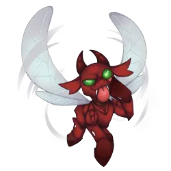 Size: 2000x2000 | Tagged: safe, artist:dimleyd, derpibooru import, changeling, original species, flying, horn, image, multiple horns, png, rageling, red changeling, solo, spread wings, taunting, tongue out, wings