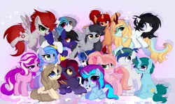 Size: 5537x3272 | Tagged: safe, artist:2pandita, derpibooru import, oc, unnamed oc, unofficial characters only, bat pony, kirin, pegasus, pony, unicorn, absurd resolution, bat pony oc, bat wings, blushing, braid, braided ponytail, ear piercing, eye clipping through hair, eyebrow slit, eyebrows, eyebrows visible through hair, female, flying, folded wings, frown, glasses, grin, hair tie, horn, image, kirin oc, looking at you, lying down, male, mare, open mouth, open smile, pegasus oc, piercing, png, ponytail, prone, raised hoof, reflection, signature, sitting, smiling, smiling at you, spread wings, stallion, unicorn oc, wings
