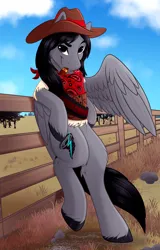 Size: 1812x2824 | Tagged: safe, artist:monsoonvisionz, derpibooru import, oc, unofficial characters only, pegasus, pony, bandolier, cigar, clothes, fence, hat, image, leaning, pegasus oc, png, scarf, smoking, solo, vest, wings
