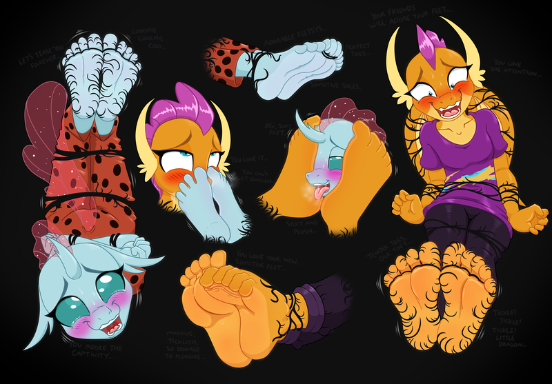 Size: 1863x1298 | Tagged: questionable, artist:caroo, derpibooru import, ocellus, smolder, anthro, changedling, changeling, dragon, plantigrade anthro, ahegao, blushing, bondage, clothes, crying, dragoness, duo, duo female, feet, female, fetish, foot fetish, foot focus, foot tickling, foot worship, image, laughing, licking, licking foot, magic, open mouth, pajamas, png, sweat, tears of laughter, tentacles, tickling, toe tied, toes, tongue out