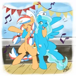 Size: 1200x1200 | Tagged: safe, artist:genolover, derpibooru import, oc, oc:ember (hwcon), oc:sea sailor, unofficial characters only, earth pony, pegasus, bipedal, duo, female, hearth's warming con, image, jpeg, mascot