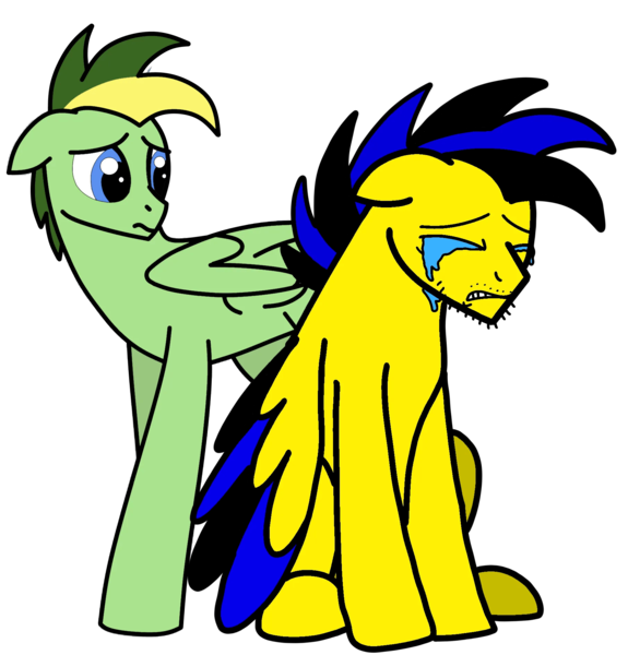 Size: 1810x1888 | Tagged: safe, artist:didgereethebrony, artist:mrstheartist, ponerpics import, ponybooru import, oc, oc:didgeree, oc:ponyseb, unofficial characters only, 2021, base used, black outline, collaboration, colorful, crying, ears, feels, floppy ears, image, png, sad, sitting