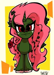 Size: 1146x1600 | Tagged: safe, artist:yamston, derpibooru import, oc, oc:helianthus, alicorn, pony, fanfic:living the dream, 2023, alicorn oc, fanfic art, female, flower, flower in hair, freckles, green coat, horn, image, looking at you, magical lesbian spawn, mare, offspring, parent:oc:vinetion, parent:princess celestia, parents:canon x oc, pink nipples, png, red eyes, rose, signature, slit pupils, solo, vine, wings