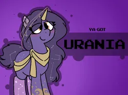 Size: 800x592 | Tagged: safe, artist:soupafterdark, derpibooru import, oc, oc:urania, pony, unicorn, banned from equestria daily, clothes, commissioner:dhs, constellation pony, horn, horn jewelry, image, jewelry, long mane, mane, png, purple background, short tail, simple background, smiling, solo, tail, ya got