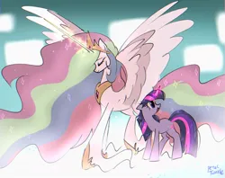Size: 1024x810 | Tagged: safe, artist:petaltwinkle, derpibooru import, princess celestia, twilight sparkle, alicorn, pony, unicorn, magical mystery cure, celestia's ballad, duo, eyes closed, female, floppy ears, glow, glowing horn, height difference, hoof fluff, horn, image, jpeg, large wings, long feather, long horn, long mane, long tail, mare, open mouth, open smile, princess celestia's special princess making dimension, scene interpretation, smiling, tail, unicorn twilight, wings