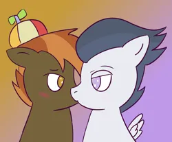 Size: 910x755 | Tagged: safe, artist:wanda, derpibooru import, button mash, rumble, earth pony, pegasus, pony, colt, foal, gay, image, kissing, looking at each other, looking at someone, male, png, rumblemash, shipping