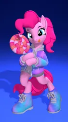 Size: 2160x3840 | Tagged: safe, artist:owlpirate, derpibooru import, pinkie pie, earth pony, pony, semi-anthro, 3d, 4k, candy, clothes, female, food, gradient background, high res, hoof hold, image, jacket, licking, licking lips, lollipop, looking at you, mare, png, shoes, smiling, smiling at you, sneakers, solo, source filmmaker, tongue out