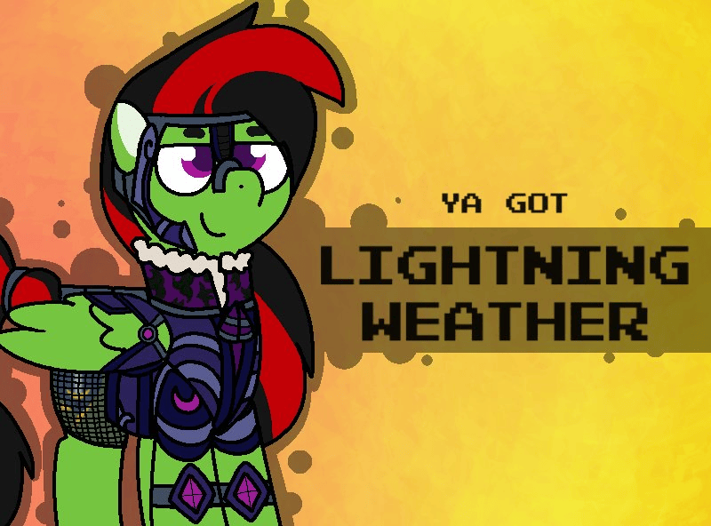 Size: 800x592 | Tagged: safe, artist:soupafterdark, derpibooru import, oc, oc:lightning weather, pegasus, pony, banned from equestria daily, armor, clothes, commissioner:dhs, green coat, image, male, png, purple eyes, simple background, solo, stallion, two toned mane, ya got, yellow background