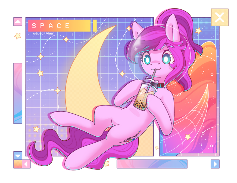 Size: 1017x786 | Tagged: safe, artist:musicfirewind, derpibooru import, oc, oc:violet ray, unofficial characters only, earth pony, bubble tea, cloud, crescent moon, drink, drinking, floating, image, moon, png, ponytail, solo, space, space helmet, stars, text, wireframe