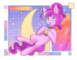 Size: 1017x786 | Tagged: safe, artist:musicfirewind, derpibooru import, oc, oc:violet ray, unofficial characters only, earth pony, bubble tea, cloud, crescent moon, drink, drinking, floating, image, moon, png, ponytail, solo, space, space helmet, stars, text, wireframe