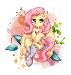 Size: 736x775 | Tagged: safe, artist:mdwines, derpibooru import, fluttershy, pegasus, adorasexy, braid, clothes, collar, cute, dress, fanart, feral, flower, flower in hair, food, image, outfit, pegasus wings, png, sexy, socks, solo, stockings, strawberry, stupid sexy fluttershy, text, thigh highs, wings