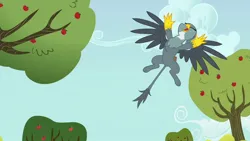 Size: 1280x720 | Tagged: suggestive, derpibooru import, screencap, gabby, gryphon, the fault in our cutie marks, apple, apple tree, excited, eyes closed, featureless crotch, female, flying, food, image, jpeg, open mouth, showing off, sky, solo, solo female, spread legs, spreading, tail, tree, wings