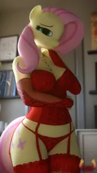 Size: 2160x3840 | Tagged: suggestive, artist:loveslove, derpibooru import, fluttershy, anthro, pegasus, plantigrade anthro, 3d, blurry background, breasts, busty fluttershy, clothes, female, high res, image, lingerie, looking at you, png, smiling, smiling at you, solo, solo female, underwear, wingless, wingless anthro