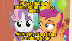 Size: 960x540 | Tagged: safe, edit, editor:undeadponysoldier, ponerpics import, ponybooru import, scootaloo, sweetie belle, pegasus, pony, unicorn, bloom and gloom, breaking the fourth wall, clubhouse, crusaders clubhouse, dialogue, duo, female, filly, foal, gif, image, looking at you, meme, scootaloo is not amused, text, unamused