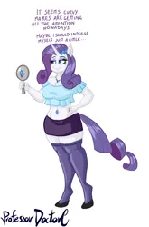 Size: 450x681 | Tagged: safe, artist:professordoctorc, derpibooru import, part of a set, rarity, anthro, unguligrade anthro, unicorn, belly button, belly piercing, clothes, image, jewelry, makeup, mirror, necklace, part of a series, piercing, png, shirt, simple background, skirt, socks, stockings, thigh highs, weight gain
