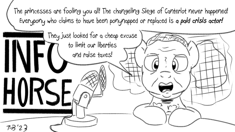 Size: 1200x675 | Tagged: safe, artist:pony-berserker, derpibooru import, alex jones, canterlot wedding, conspiracy theory, image, infowars, journalist, microphone, png, pony-berserker's twitter sketches, pony-berserker's twitter sketches (2023), this will end in a lawsuit