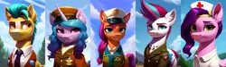 Size: 2560x768 | Tagged: safe, derpibooru import, machine learning generated, stable diffusion, hitch trailblazer, izzy moonbow, pipp petals, sunny starscout, zipp storm, earth pony, pegasus, pony, unicorn, equestria at war mod, g5, ai content, bust, clothes, ear fluff, female, generator:pony diffusion v5, hat, image, jpeg, looking at you, male, mare, military uniform, nurse hat, nurse outfit, portrait, prompter:siber, stallion, uniform, uniform hat