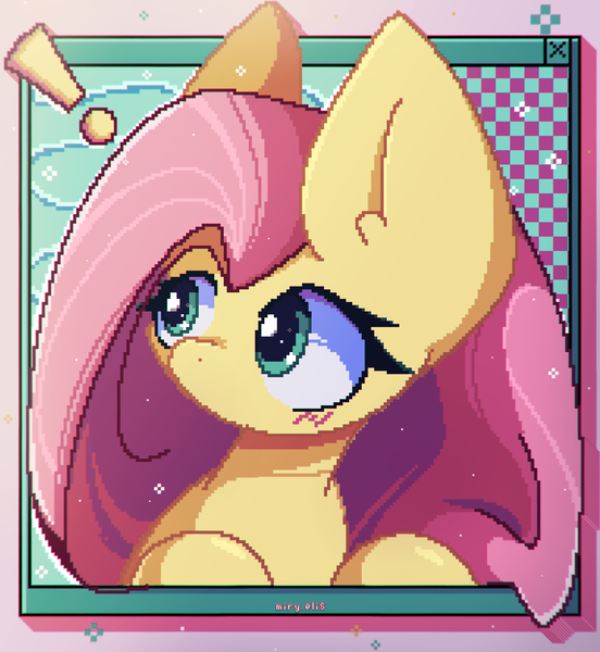 Size: 2300x2500 | Tagged: safe, artist:miryelis, derpibooru import, fluttershy, pegasus, pony, big ears, big eyes, blushing, cute, image, long hair, pixel art, png, shyabetes, signature, solo, sparkles, window