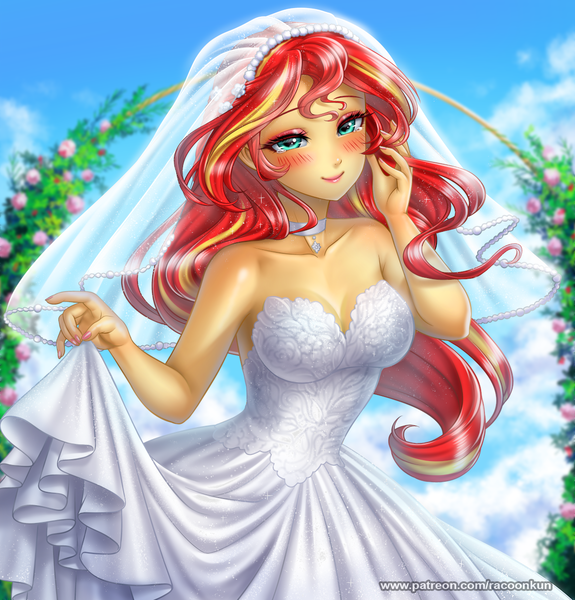 Size: 1200x1253 | Tagged: safe, artist:racoonsan, color edit, derpibooru import, edit, editor:drakeyc, sunset shimmer, human, equestria girls, bare shoulders, beautiful, blushing, breasts, bride, choker, cleavage, clothes, cloud, colored, crying, cute, day, dress, eyelashes, eyeshadow, female, flower, image, leaves, light skin, long hair, looking at you, looking forward, makeup, marriage, multicolored hair, outdoors, patreon, png, red hair, rose, shimmerbetes, skin color edit, sky, sleeveless, smiling, solo, standing, strapless, tears of joy, teary eyes, website, wedding, wedding dress, wedding veil, yellow hair