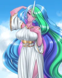 Size: 1887x2400 | Tagged: safe, artist:racoonsan, color edit, derpibooru import, edit, editor:drakeyc, princess celestia, human, equestria girls, alicorn humanization, bare shoulders, big breasts, breasts, busty princess celestia, clothes, colored, cute, dress, eye clipping through hair, female, hair over one eye, horn, horned humanization, humanized, image, looking at you, png, praise the sun, skin color edit, smiling, smiling at you, solo, winged humanization, wings