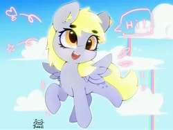 Size: 4000x3000 | Tagged: safe, artist:zokkili, derpibooru import, derpy hooves, pegasus, pony, beanbrows, cloud, cute, derpabetes, ear fluff, eyebrows, eyebrows visible through hair, female, flying, high res, image, jpeg, open mouth, open smile, rainbow waterfall, signature, sky, smiling, solo, speech bubble, spread wings, wings