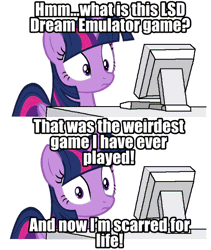 Size: 692x820 | Tagged: safe, edit, editor:undeadponysoldier, ponerpics import, ponybooru import, screencap, twilight sparkle, twilight sparkle (alicorn), alicorn, pony, computer, female, gif, image, looking at you, lsd dream emulator, mare, meme, playing video games, scared, scarred for life, shrunken pupils, text, traumatized