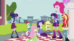 Size: 1280x720 | Tagged: safe, derpibooru import, screencap, applejack, fluttershy, pinkie pie, rainbow dash, rarity, sci-twi, spike, spike the regular dog, sunset shimmer, twilight sparkle, dog, equestria girls, friendship games, clothes, crystal prep academy uniform, image, picnic blanket, png, school uniform, self paradox, stare, twolight