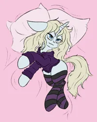 Size: 698x872 | Tagged: safe, artist:oddmess, ponerpics import, ponybooru import, oc, oc:synthwave, pony, unicorn, /mlp/, 4chan, bags under eyes, bedroom eyes, blonde, blonde mane, butt, clothes, eyelashes, femboy, hoodie, image, lying down, male, neet, pillow, png, sketch, smug, socks, solo, stallion, thighs, thunder thighs, trap, wide hips