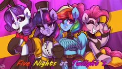 Size: 3500x2000 | Tagged: safe, artist:shadowreindeer, derpibooru import, pinkie pie, rainbow dash, rarity, twilight sparkle, twilight sparkle (alicorn), alicorn, earth pony, pegasus, unicorn, clothes, costume, crossover, five nights at freddy's, image, jpeg