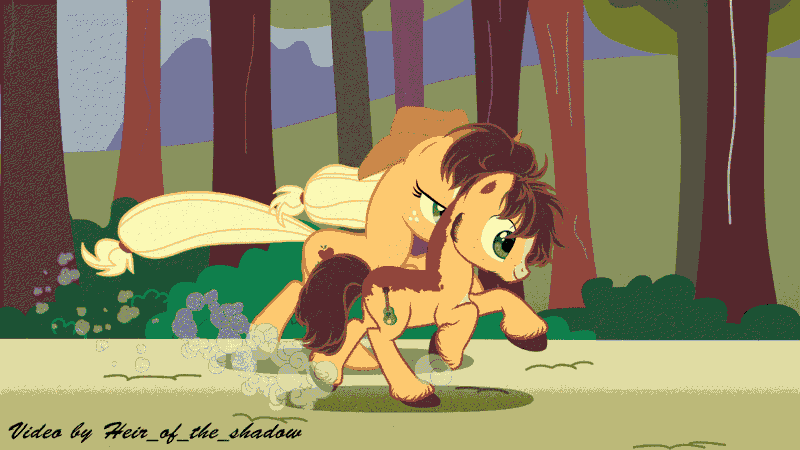 Size: 1280x720 | Tagged: safe, artist:heir_of_the_shadow, derpibooru import, applejack, oc, oc:golden russet, earth pony, pony, animated, applejack's hat, beard, bush, commission, cowboy hat, duo, facial hair, female, gif, grass, hat, image, male, mare, markings, mother and child, mother and son, offspring, parent:applejack, parent:caramel, parents:carajack, race, running, stallion, tree, unshorn fetlocks, ych result