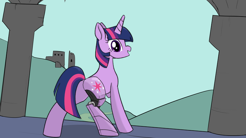 Size: 1920x1080 | Tagged: safe, artist:marrsund, derpibooru import, twilight sparkle, pony, unicorn, amputee, cybernetic legs, female, g4, image, mare, png, prosthetic leg, prosthetic limb, prosthetics, ruins, unicorn twilight