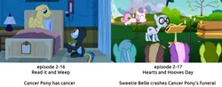 Size: 2560x1000 | Tagged: safe, edit, edited screencap, ponerpics import, ponybooru import, screencap, coco crusoe, lyra heartstrings, mr. waddle, oakey doke, rainbow dash, welch, earth pony, pegasus, pony, unicorn, hearts and hooves day (episode), read it and weep, season 2, background pony, bed, book, cancer (disease), cancer pony, candle, caption, catsuit, clerical collar, coffin, death, elderly, female, filly, foal, funeral, fuzzy slippers, glasses, grave, headcanon, hospital, hospital bed, image, image macro, lamp, liver spots, looking at each other, male, mare, png, sad, stallion, text, the fun in funeral, unfortunate implications