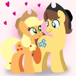 Size: 1400x1400 | Tagged: safe, artist:mlplary6, derpibooru import, applejack, caramel, earth pony, pony, applejack's hat, boyfriend and girlfriend, carajack, cowboy hat, female, hat, heart, image, looking at each other, looking at someone, love, male, mare, png, shipping, smiling, smiling at each other, stallion, straight