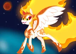 Size: 2048x1444 | Tagged: safe, artist:suryfromheaven, derpibooru import, daybreaker, alicorn, pony, angry, fire, image, jpeg, solo, space