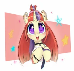 Size: 1000x952 | Tagged: safe, artist:inkypuso, derpibooru import, moondancer, pony, unicorn, big eyes, blushing, bracelet, choker, colored pupils, cute, dancerbetes, ear piercing, earring, female, image, jewelry, jpeg, looking at you, mare, missing accessory, necktie, no glasses, open mouth, open smile, piercing, simple background, smiling, smiling at you, solo, white background
