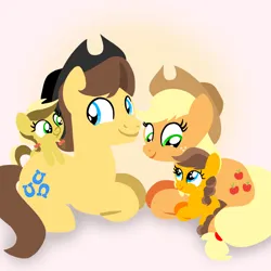 Size: 1400x1400 | Tagged: safe, artist:mlplary6, derpibooru import, applejack, caramel, oc, oc:apple honey, oc:apple sweet, earth pony, pony, applejack's hat, carajack, cowboy hat, female, filly, foal, hat, husband and wife, image, looking at each other, looking at someone, lying down, male, mare, offspring, parent:applejack, parent:caramel, parents:carajack, png, shipping, smiling, smiling at each other, stallion, straight