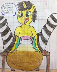 Size: 2142x2703 | Tagged: suggestive, artist:bitter sweetness, derpibooru import, oc, oc:bitter sweetness, unofficial characters only, pony, unicorn, abdl, ahegao, clothes, diaper, diaper fetish, dirty diaper, fetish, full diaper, graph paper, green eyes, image, male, open mouth, png, poofy diaper, socks, spanish, spanish text, speech bubble, stallion, stallion oc, striped socks, tongue out, traditional art, translated in the description, used diaper, wooden floor