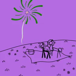 Size: 1000x1000 | Tagged: safe, artist:scandianon, derpibooru import, oc, oc:stickmare stickenson, oc:thiccmare lardhuge, unofficial characters only, earth pony, pony, blanket, blushing, cooler, drunk, drunk bubbles, female, fireworks, grass, image, mare, night, outdoors, png, stick figure