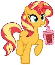 Size: 524x626 | Tagged: safe, artist:noi kincade, derpibooru import, sunset shimmer, pony, unicorn, aura, bubble tea, drink, female, glow, glowing horn, horn, image, magic, mare, png, simple background, smiling, solo, telekinesis, transparent background, walking