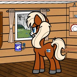 Size: 1000x1000 | Tagged: safe, artist:scandianon, derpibooru import, oc, oc:finnmare, ponified, unofficial characters only, pony, unicorn, cabin, cabinet, cloud, coffee mug, dock, female, finland, flag, frown, furrowed brow, hooves, image, looking out the window, magic, mare, middle finger, moomins, mug, nation ponies, plate, png, rain, rear view, scrunchy face, shelf, tail, telekinesis, vulgar