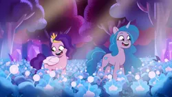 Size: 3072x1727 | Tagged: safe, derpibooru import, screencap, izzy moonbow, pipp petals, pegasus, pony, unicorn, g5, my little pony: tell your tale, spoiler:g5, spoiler:my little pony: tell your tale, spoiler:tyts01e60, duo, duo female, female, image, jpeg, mare, open mouth, open smile, scents of adventure, smiling