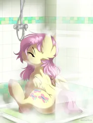 Size: 4500x6000 | Tagged: safe, artist:natanvok, derpibooru import, fluttershy, pegasus, pony, absurd resolution, bathroom, butt, cute, dock, eyebrows, eyes closed, featureless crotch, female, flutterbutt, image, indoors, mare, plot, png, shower, shyabetes, signature, sitting, smiling, solo, steam, tail, wings