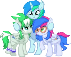 Size: 7928x6355 | Tagged: safe, artist:cyanlightning, derpibooru import, oc, oc:azure lightning, oc:cyan lightning, oc:emerald lightning, unofficial characters only, pegasus, pony, unicorn, .svg available, absurd resolution, brother and sister, clothes, colt, ear fluff, female, filly, foal, folded wings, glasses, hug, image, male, png, scarf, siblings, simple background, smiling, transparent background, trio, vector, wings