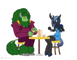 Size: 1220x960 | Tagged: safe, artist:carnifex, derpibooru import, oc, oc:myxine, oc:oberon, unofficial characters only, anthro, changeling, changeling queen, unguligrade anthro, blue changeling, clothes, commission, cup, dress, duo, duo male and female, female, food, image, jpeg, male, signature, simple background, sitting, suit, tea, teacup, teapot, white background
